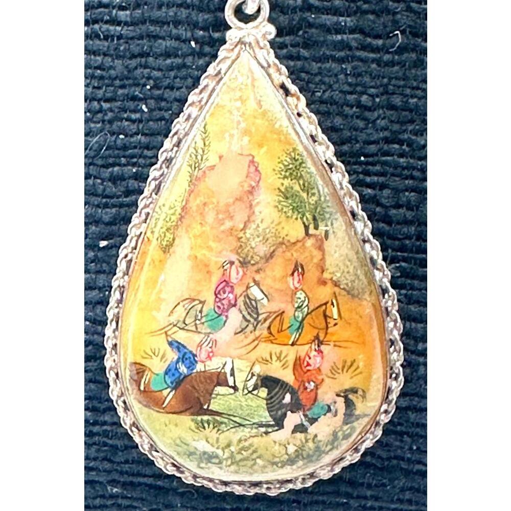 Pendant Persian Hand-Painted Mother of Pearl Intricate! RARE
